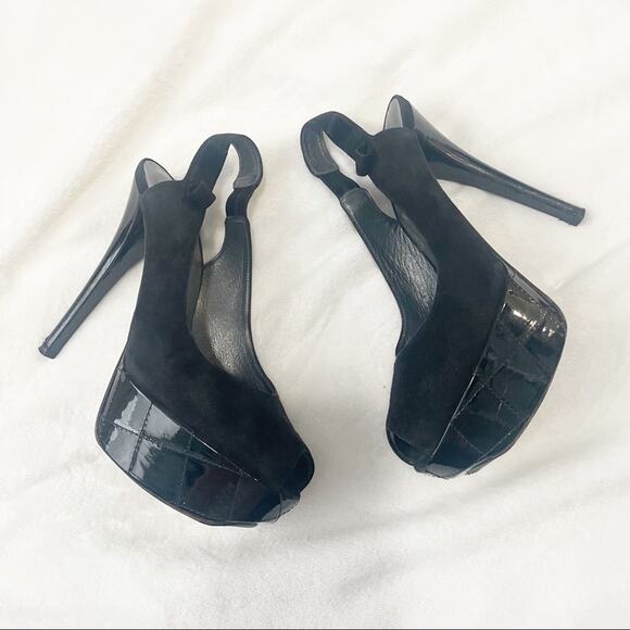 Stuart Weitzman black suede peep toe pumps high heels bow size 9.5 - Picture 2 of 9